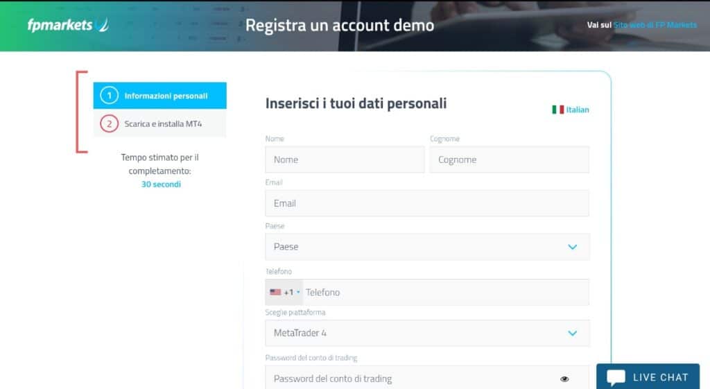 Registrazione per aprire un account Demo su FP Markets